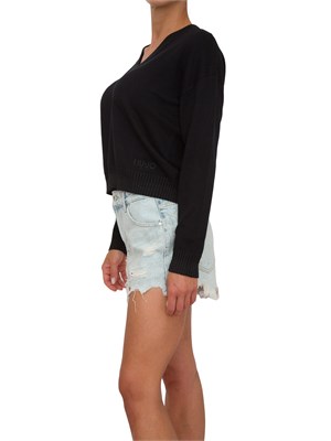 Maglia nera Liu Jo donna scollo V con bordi lurex e logo ricamato in DONNA