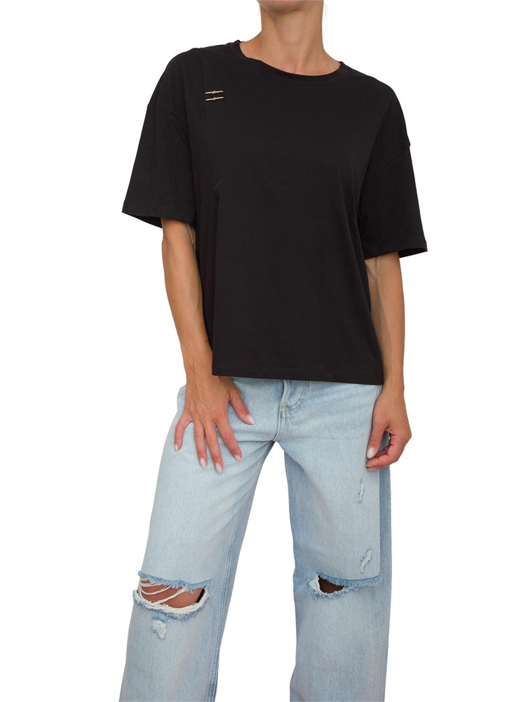 T-shirt nera Liu Jo donna con charms strass davanti e patch logo dietro