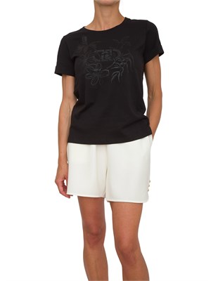 T-shirt Liu Jo donna in cotone nero con logo strass a cascata su bordo in DONNA