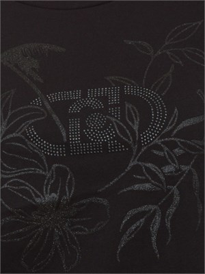 T-shirt Liu Jo donna in cotone nero con logo strass a cascata su bordo in DONNA