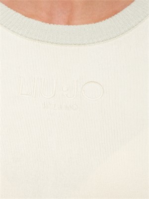 Maglia avorio Liu Jo donna a girocollo con bordi in lurex e logo ricamato in DONNA