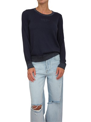 Maglia blu Liu Jo donna a girocollo con bordi in lurex e logo ricamato in DONNA