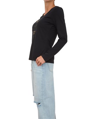 T-shirt nera manica lunga Liu Jo donna con scollo V e logo lettering strass in DONNA