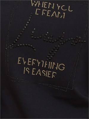 T-shirt nera manica lunga Liu Jo donna con scollo V e logo lettering strass in DONNA