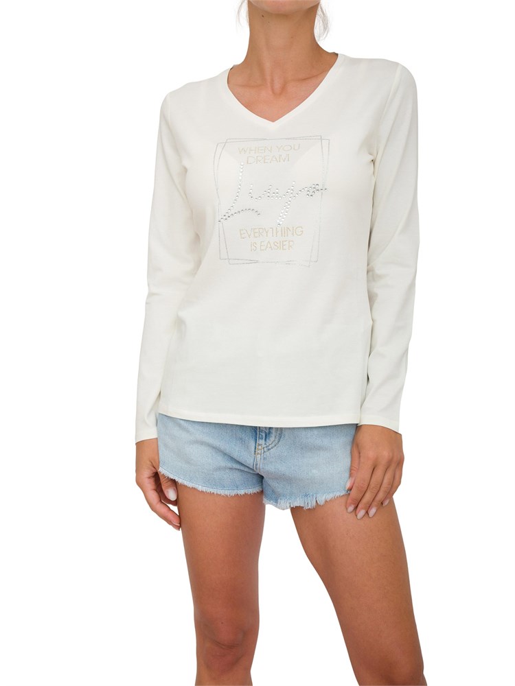 T-shirt avorio manica lunga Liu Jo donna con scollo V e logo lettering strass