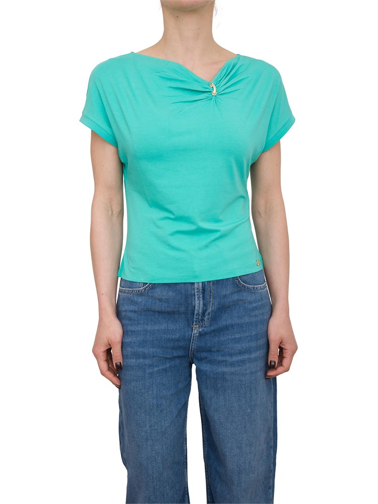 T-shirt acquamarina Liu Jo in jersey di cotone con gioiello