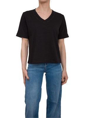 T-shirt nera Liu Jo scollo a V con logo e strass in DONNA