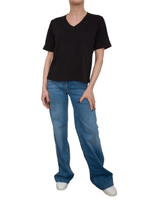 T-shirt nera Liu Jo scollo a V con logo e strass in DONNA