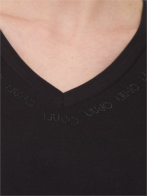 T-shirt nera Liu Jo scollo a V con logo e strass in DONNA