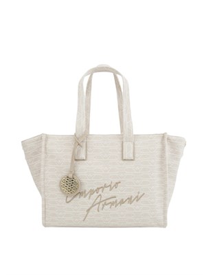 Shopper media Emporio Armani in canvas jacquard monogram all over bianco panna in DONNA