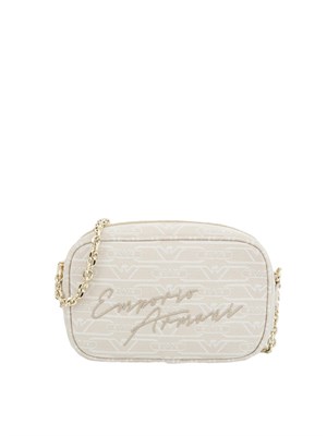 Camera case Emporio Armani in canvas jacquard avorio monogram all over e tracolla a catena in DONNA