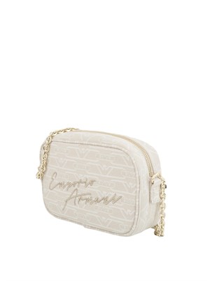Camera case Emporio Armani in canvas jacquard avorio monogram all over e tracolla a catena in DONNA
