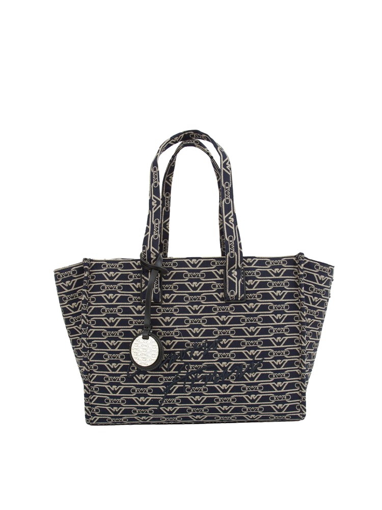Shopper media Emporio Armani in canvas jacquard monogram all over blu