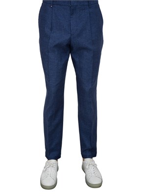 Pantaloni formali Boss in tessuto elasticizzato con micromotivo blu in UOMO