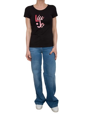 T-shirt nera Liu Jo con logo e strass in DONNA