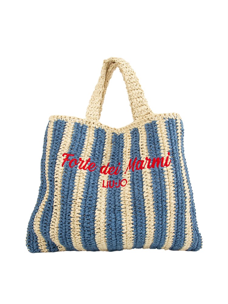 Borsa a spalla Liu Jo donna in rafia con motivo righe blu e lettering Forte dei Marmi