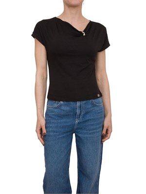 T-shirt nera Liu Jo in jersey di cotone con gioiello in DONNA