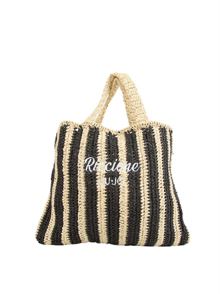 Borsa a spalla Liu Jo donna in rafia con motivo righe nere e lettering Riccione