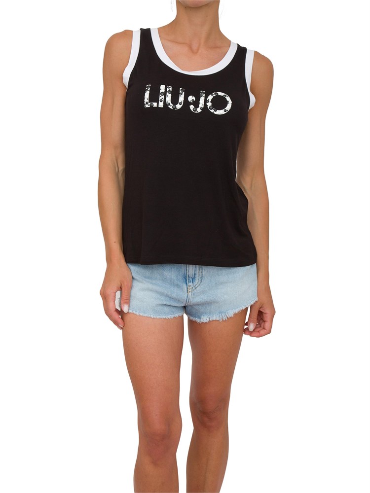 Top nero a costine Liu Jo donna con logo con perle applicate e bordi a contrasto