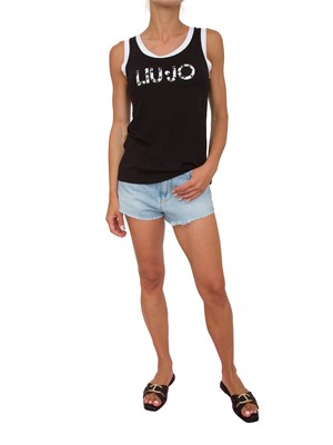 Top nero a costine Liu Jo donna con logo con perle applicate e bordi a contrasto in DONNA