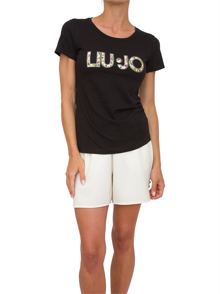 T-shirt nera Liu Jo donna con logo motivo floreale e contorno strass