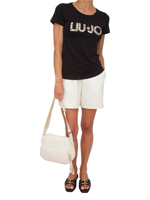 T-shirt nera Liu Jo donna con logo motivo floreale e contorno strass in DONNA