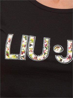 T-shirt nera Liu Jo donna con logo motivo floreale e contorno strass in DONNA