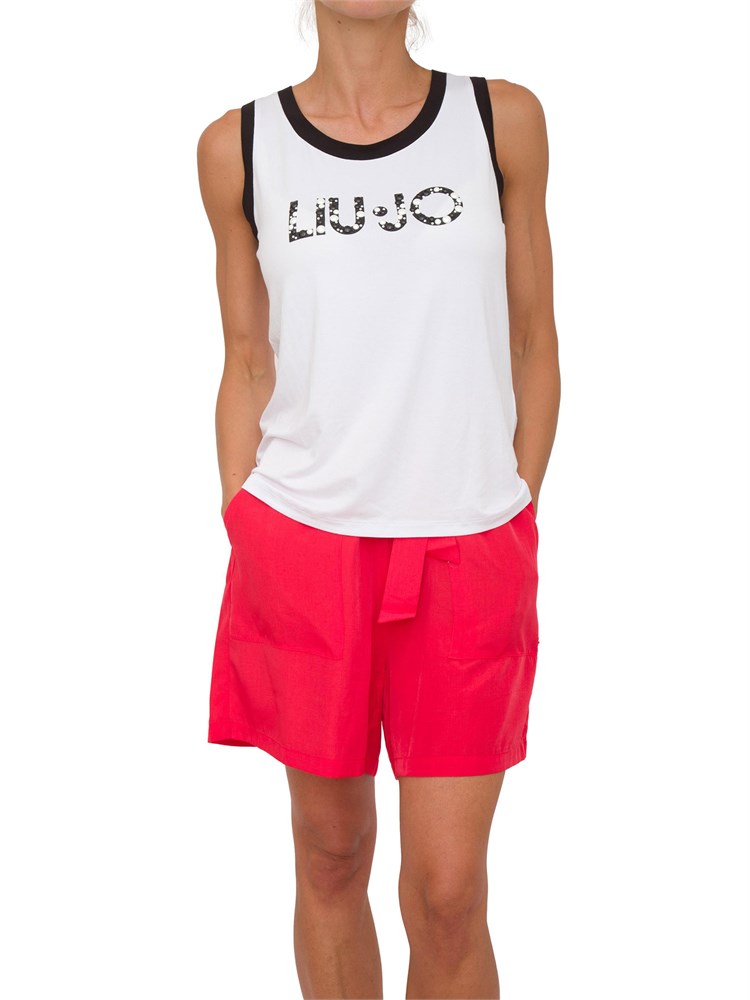 Top bianco a costine Liu Jo donna con logo con perle applicate e bordi a contrasto