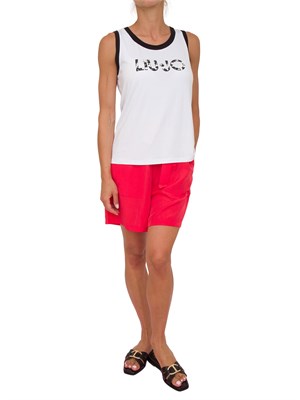 Top bianco a costine Liu Jo donna con logo con perle applicate e bordi a contrasto in DONNA