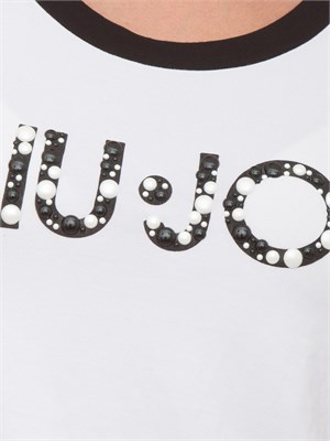 Top bianco a costine Liu Jo donna con logo con perle applicate e bordi a contrasto in DONNA