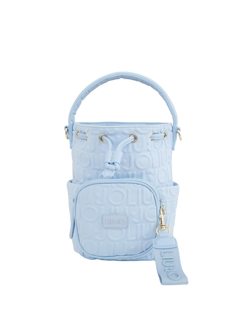 Borsa a secchiello celeste Liu Jo in scuba con logo rilievo all over