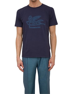 T-shirt Etro in cotone blu con ricamo Pegaso in UOMO