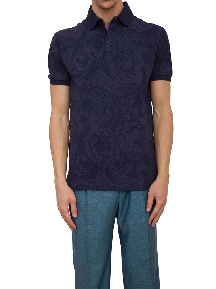 Polo blu Etro in cotone con ricamo Pegaso tono su tono