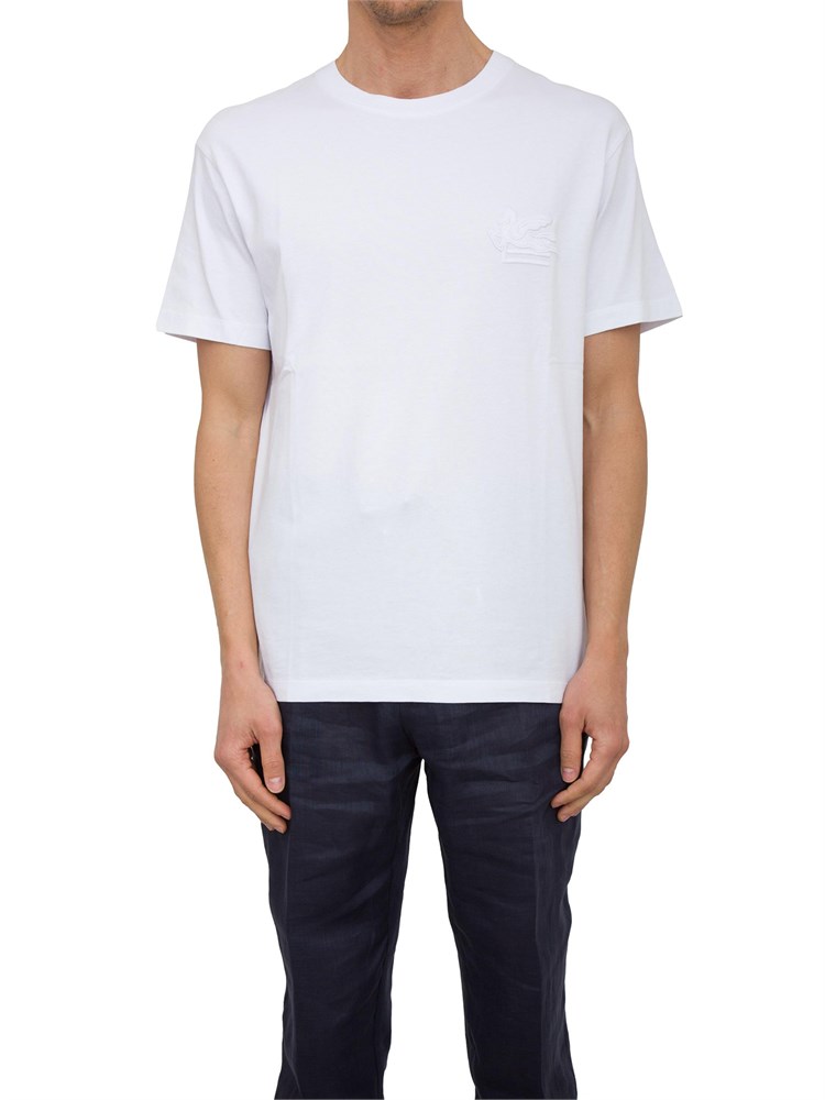 T-shirt bianca Etro in cotone con ricamo Pegaso tono su tono