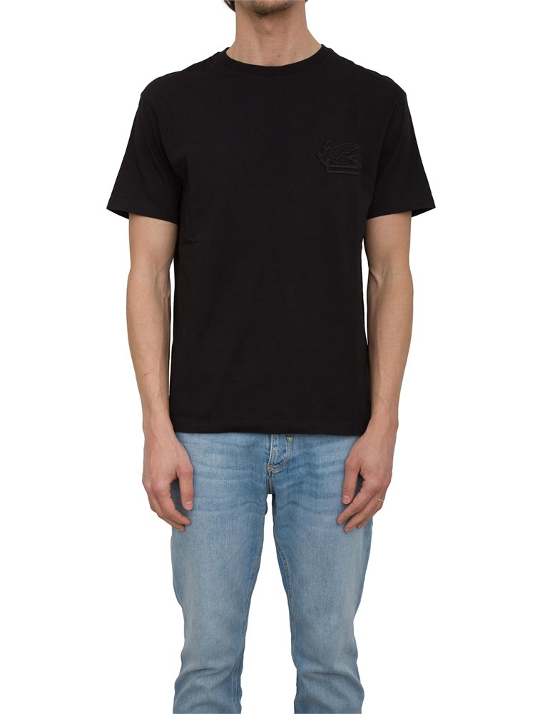 T-shirt nera Etro in cotone con ricamo Pegaso tono su tono