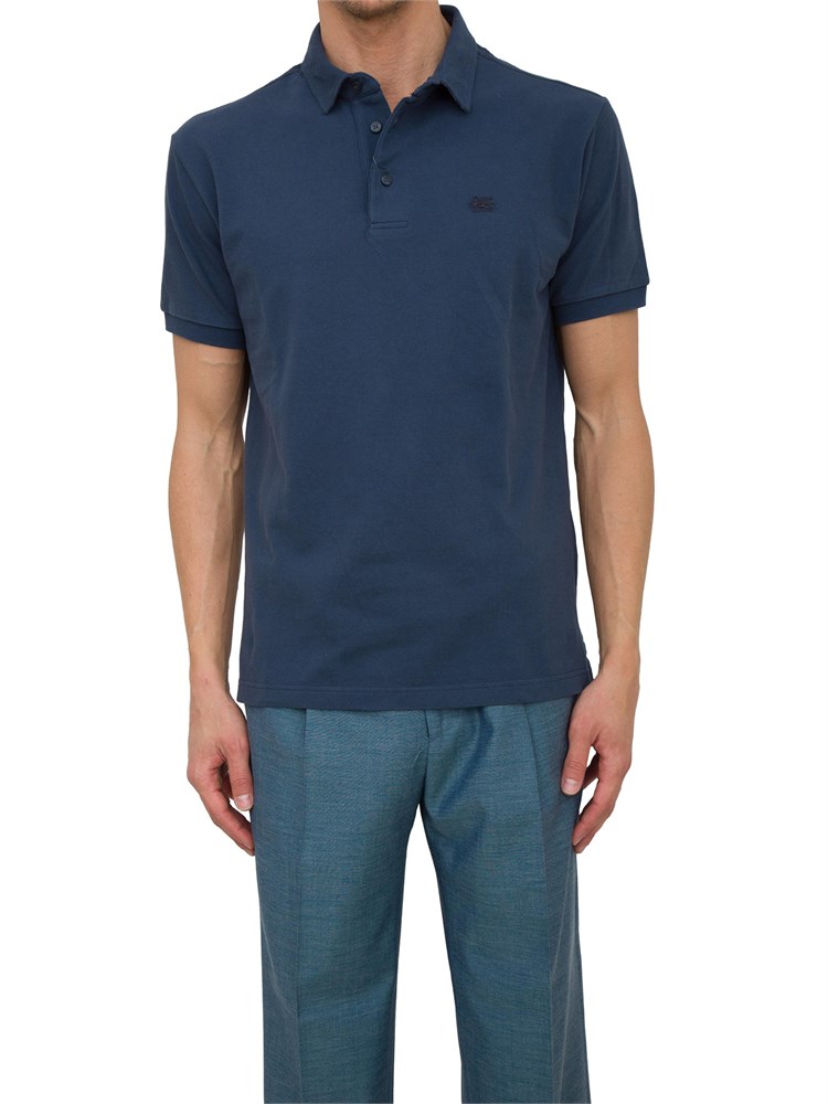 Polo Etro in cotone blu con Pegaso ricamato tono su tono