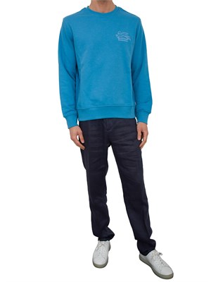 Felpa azzurra Etro in cotone con ricamo Pegaso tono su tono in UOMO