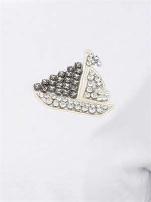 T-shirt in cotone bianco Liu Jo barchetta con ricamo e strass in DONNA