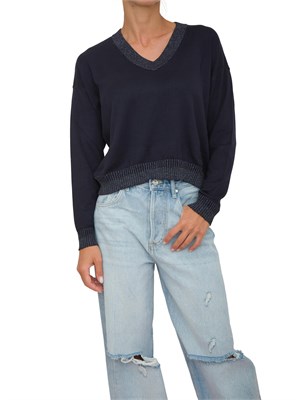 Maglia blu Liu Jo donna scollo V con bordi lurex e logo ricamato in DONNA