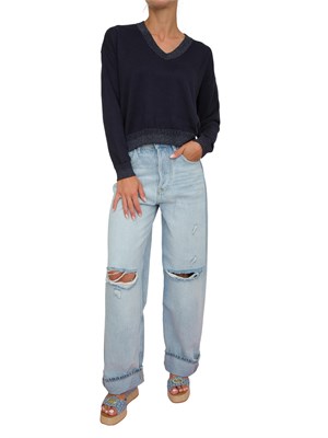 Maglia blu Liu Jo donna scollo V con bordi lurex e logo ricamato in DONNA