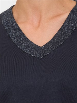 Maglia blu Liu Jo donna scollo V con bordi lurex e logo ricamato in DONNA