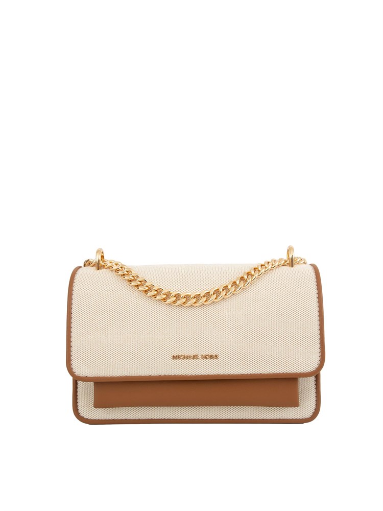 Borsa donna Michael Michael Kors modello Claire in cotone beige e inserti pelle cuoio