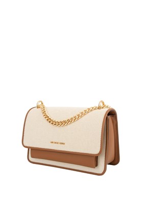 Borsa donna Michael Michael Kors modello Claire in cotone beige e inserti pelle cuoio in DONNA