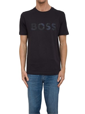 T-shirt Boss blu in jersey di cotone con logo stampato in UOMO