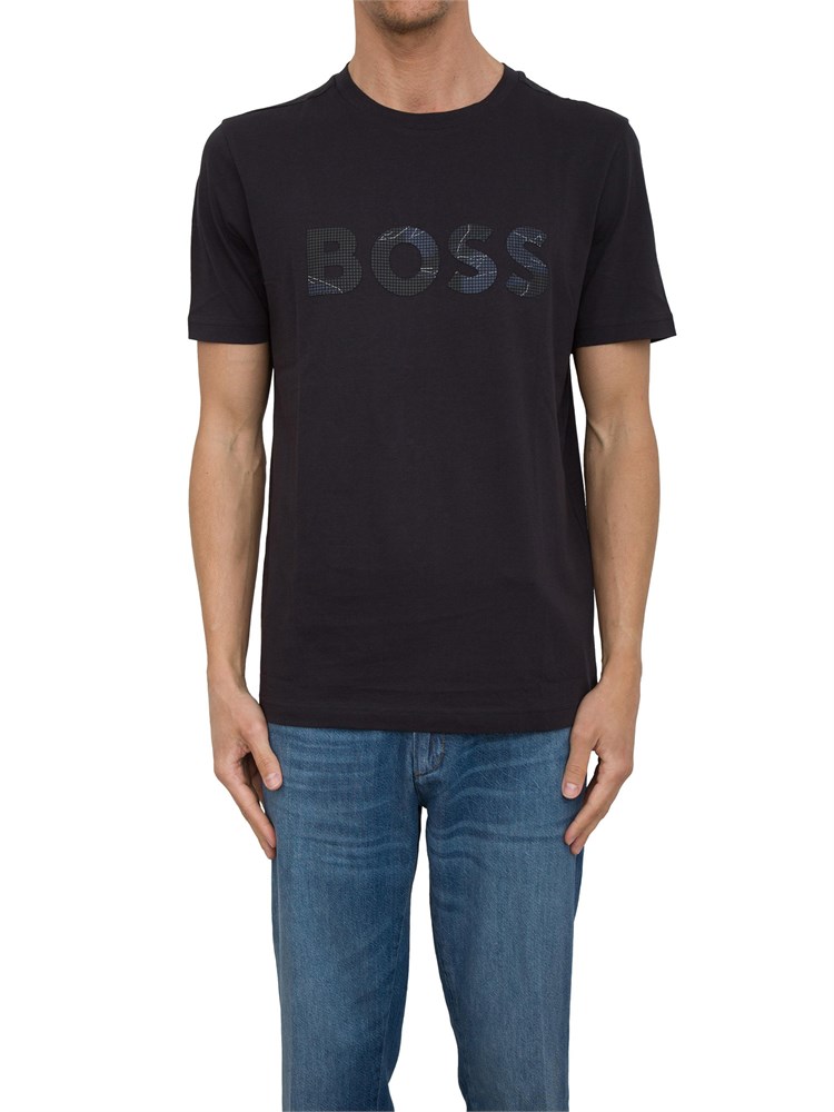 T-shirt Boss blu in jersey di cotone con logo stampato