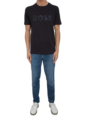 T-shirt Boss blu in jersey di cotone con logo stampato in UOMO