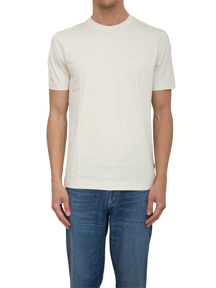 T-shirt Boss uomo in jersey di cotone beige con logo tono su tono