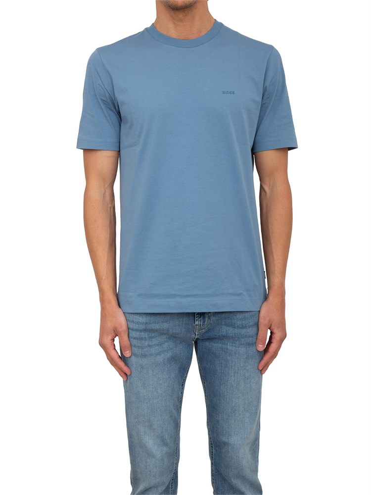T-shirt Boss uomo in jersey di cotone azzurro con logo tono su tono