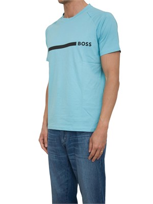 T-shirt Boss celeste con banda logo in UOMO
