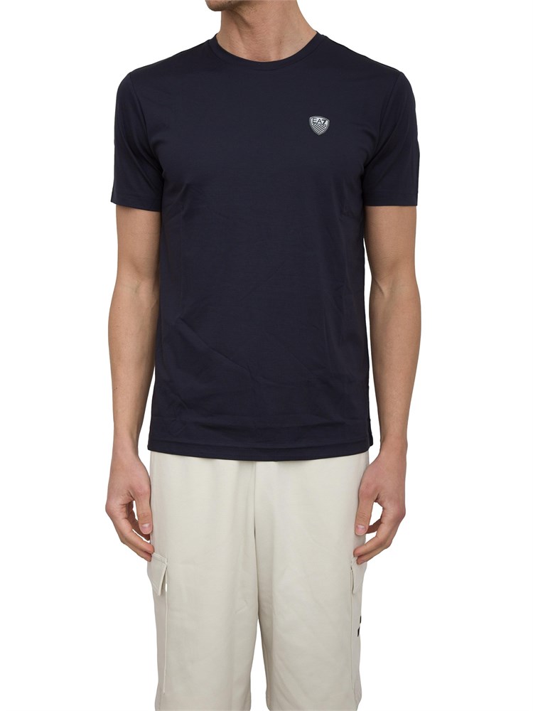 T-shirt EA7 girocollo Premium Shield in misto viscosa stretch blu
